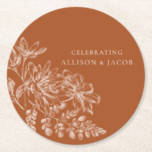 Terra Cotta and White Floral Wedding  Round Paper Coaster