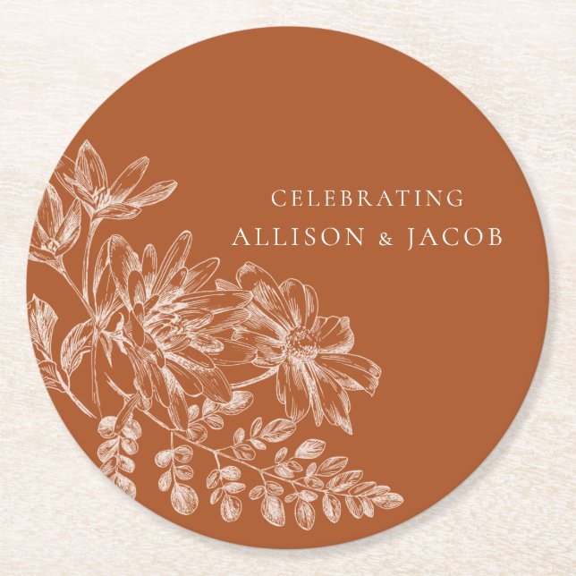 Terra Cotta and White Floral Wedding  Round Paper Coaster (Front)