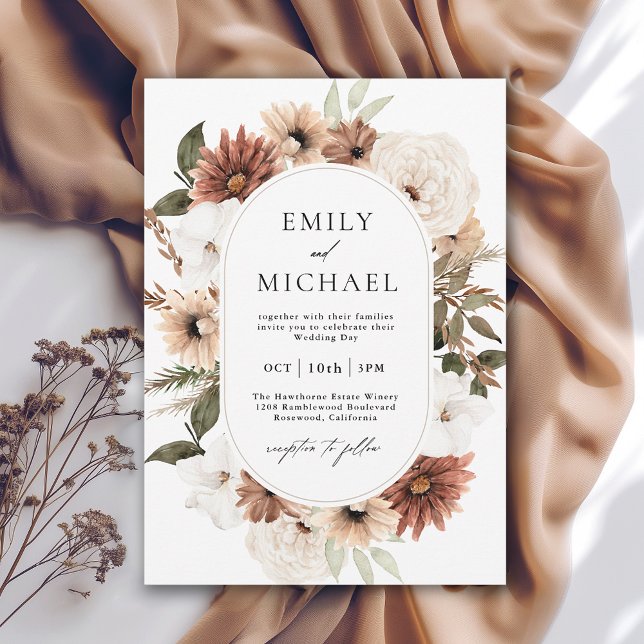 Terra Cotta Boho Floral Fall Wedding Invitation (Available in both printed and instant download digital formats.)
