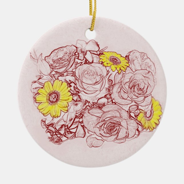 Terra  Cotta Etched Floral Bouquet Yellow Daisies Ceramic Tree Decoration (Front)