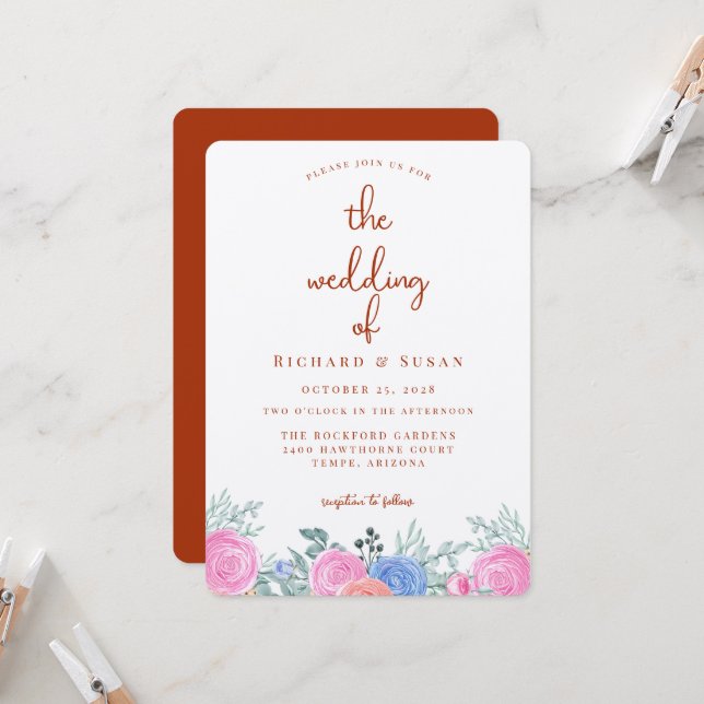 Terra Cotta Floral Wedding  Invitation (Front/Back In Situ)