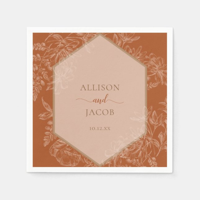 Terra Cotta Geometric Floral Tapestry Wedding Napkin (Front)