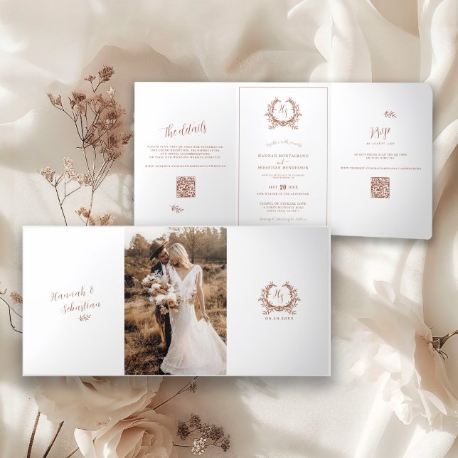Terra Cotta Monogram Photo QR Code RSVP/Details Tri-Fold Card (Creator Uploaded)