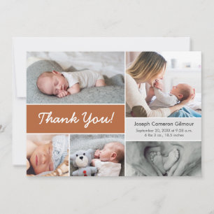 Terra cotta Orange Photo Collage Baby Boy Birth Thank You Card