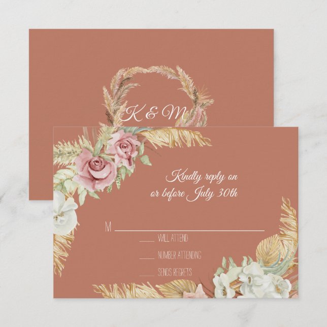 Terra Cotta Pampas Grass Palm Pink Floral Foliage RSVP Card (Front/Back)