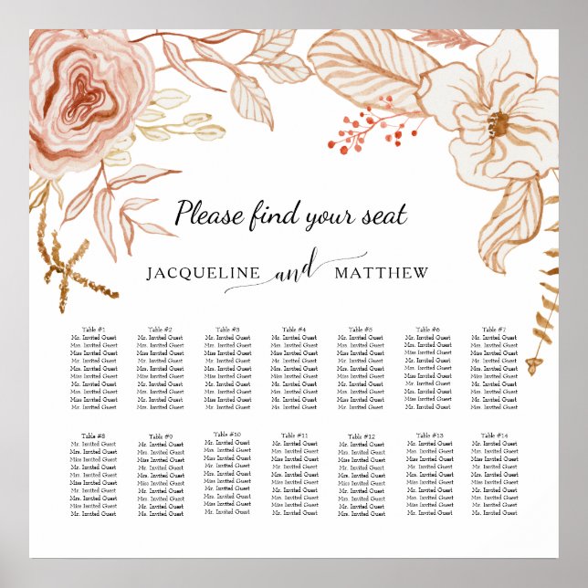 Terra Cotta Pink Gold Floral Wedding Seating Chart (Front)