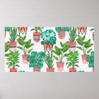 Terra cotta Pots Watercolor House Plants Seamless 