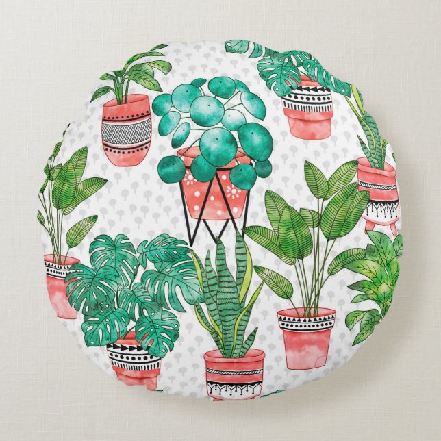 Terra cotta Pots Watercolor House Plants Seamless  Round Cushion (Front)