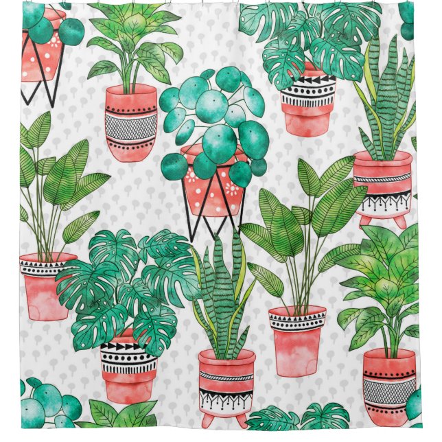 Terra cotta Pots Watercolor House Plants Seamless  Shower Curtain (Front)
