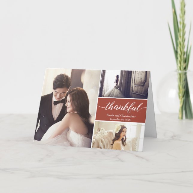 Terra cotta Thankful Modern Photo Collage Wedding  Card (Front)