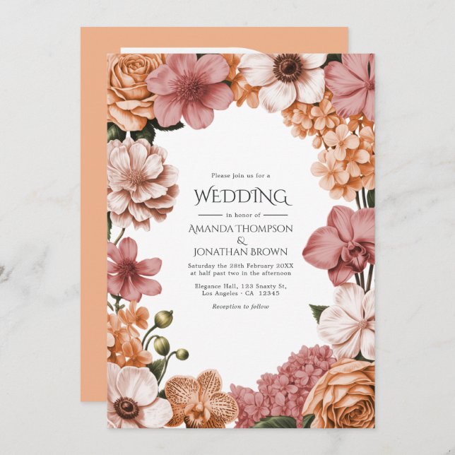 Terra Peach, Clay Rose & Soft Blush Buff Wedding Invitation (Front/Back)