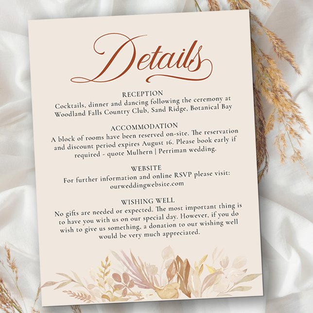 Terraccotta Cream Botanical Foliage Wedding Detail Enclosure Card (Details enclosure card with elegant calligraphy and fully editable deets. )