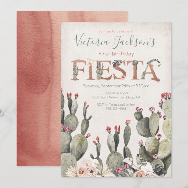 Terracota and Cactus Birthday Fiesta Party Invitation (Front/Back)
