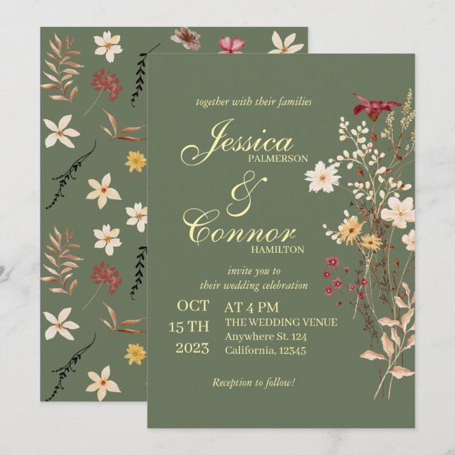 Terracota Colourful Wildflowers boho Wedding Invitation (Front/Back)