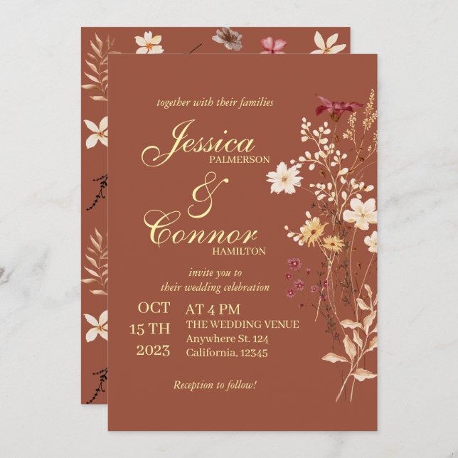 Terracota Colourful Wildflowers boho Wedding Invitation (Front/Back)