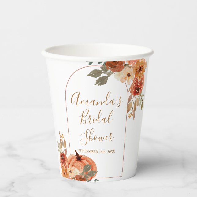 Terracota Pumpkin Floral Bridal Shower White Paper Cups (Front)
