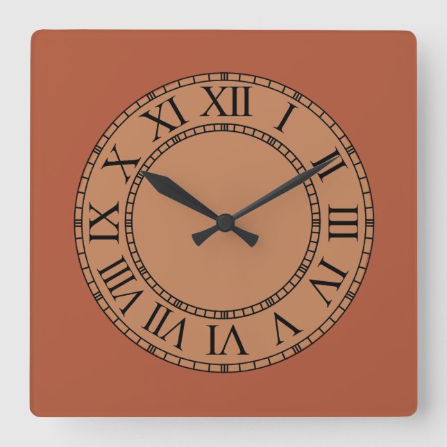 Terracota Roman Numeral Face Square Wall Clock (Front)