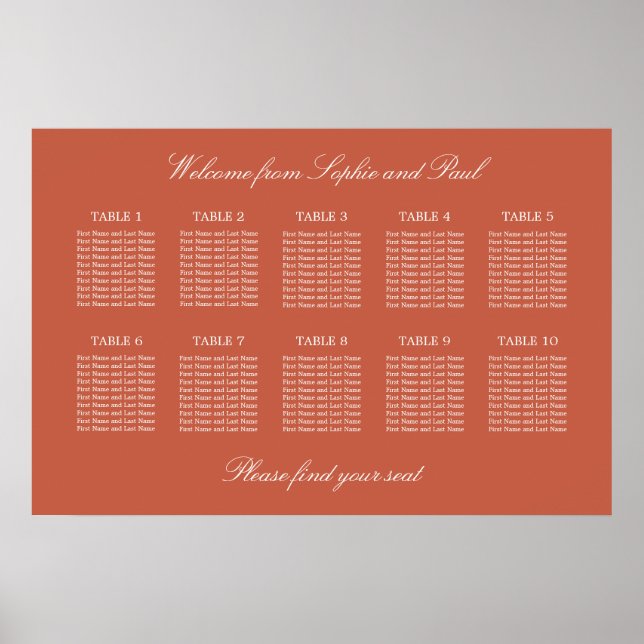 Terracotta 10 Table Wedding Seating Chart Poster (Front)