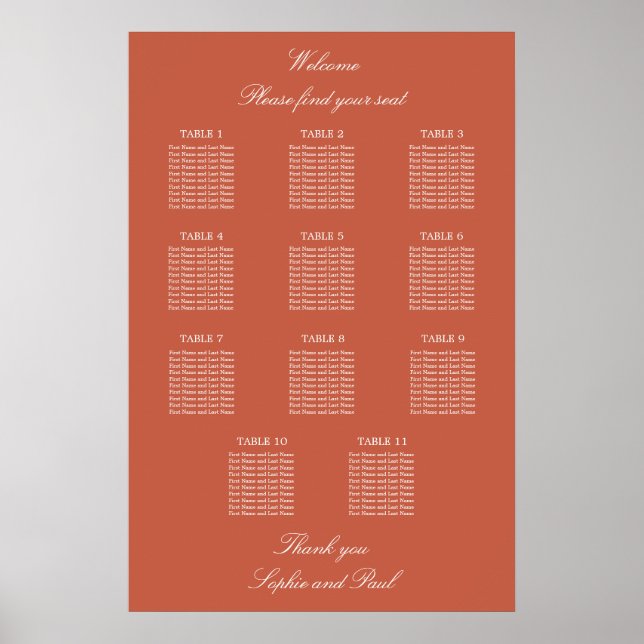 Terracotta 11 Table Wedding Seating Chart Poster (Front)
