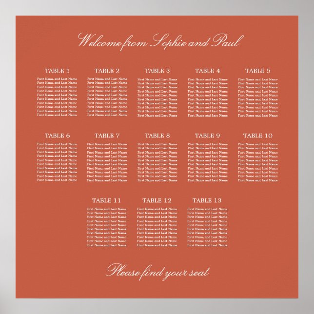 Terracotta 13 Table Wedding Seating Chart Poster (Front)