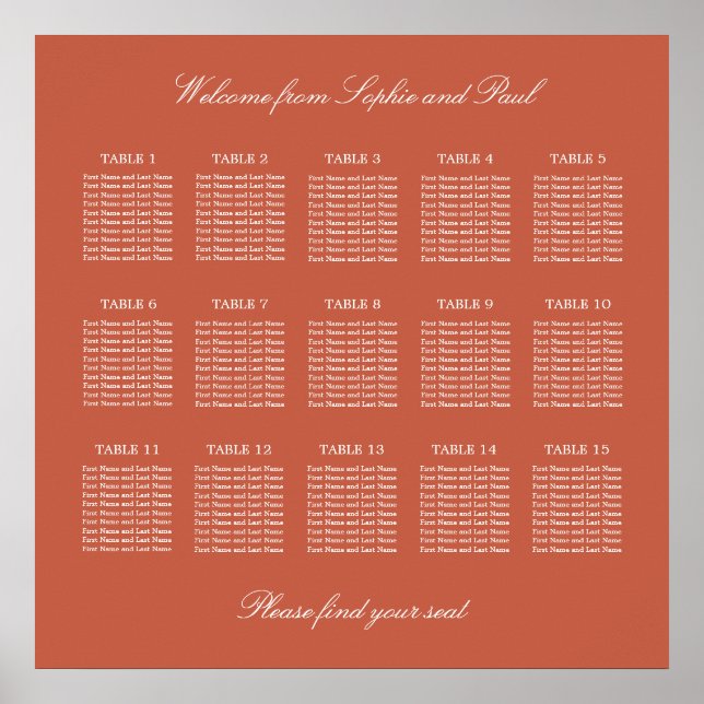 Terracotta 15 Table Wedding Seating Chart Poster (Front)