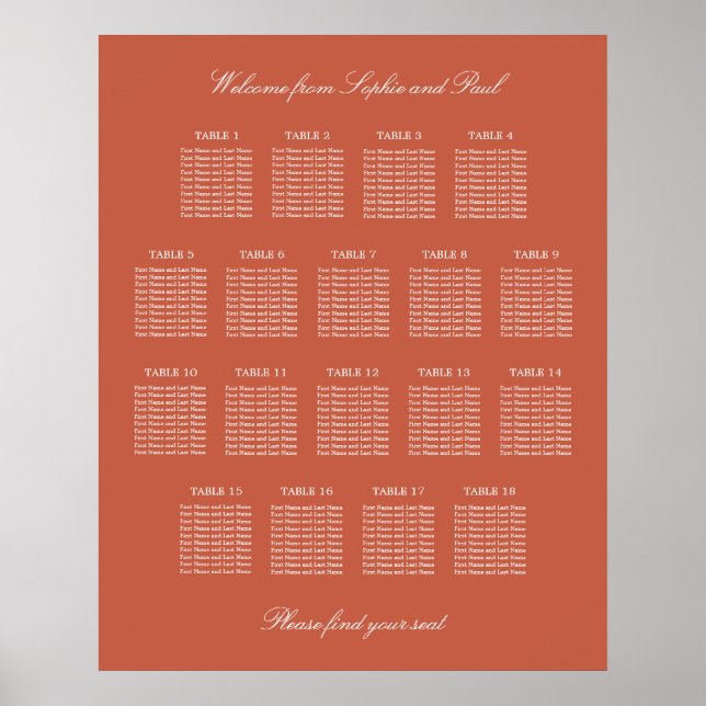 Terracotta 18 Table Wedding Seating Chart Poster (Front)