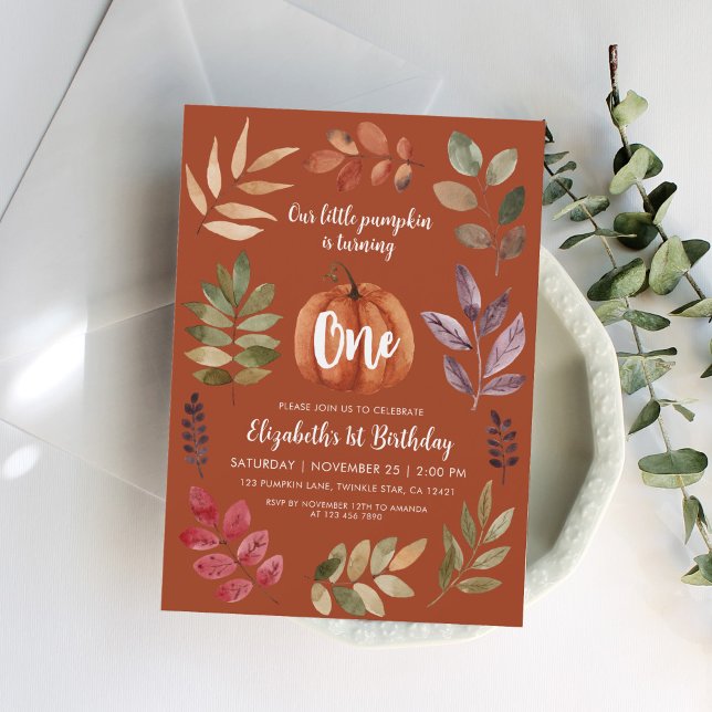 Terracotta 1st Birthday Watercolor Pumpkin, Leaves Invitation (Creator Uploaded)