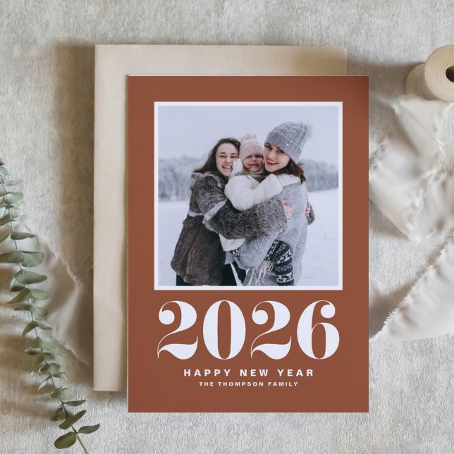 Terracotta 2025 Bold Typography New Year Photo Holiday Card (Ring in 2026 with a retro-inspired New Year photo card with a terracotta background.)