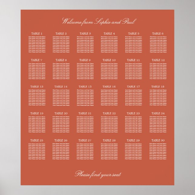 Terracotta 30 Table Wedding Seating Chart Poster (Front)
