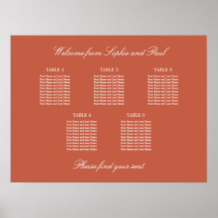 Terracotta 5 Table Wedding Seating Chart Poster