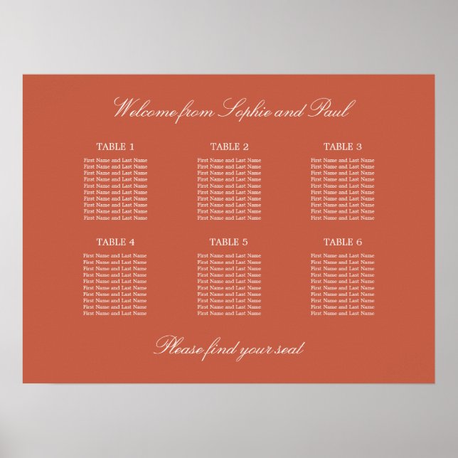 Terracotta 6 Table Wedding Seating Chart Poster (Front)