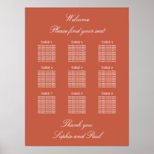 Terracotta 9 Table Wedding Seating Chart Poster