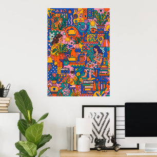 Terracotta Abstract Shapes Poster Mid-Century Wa