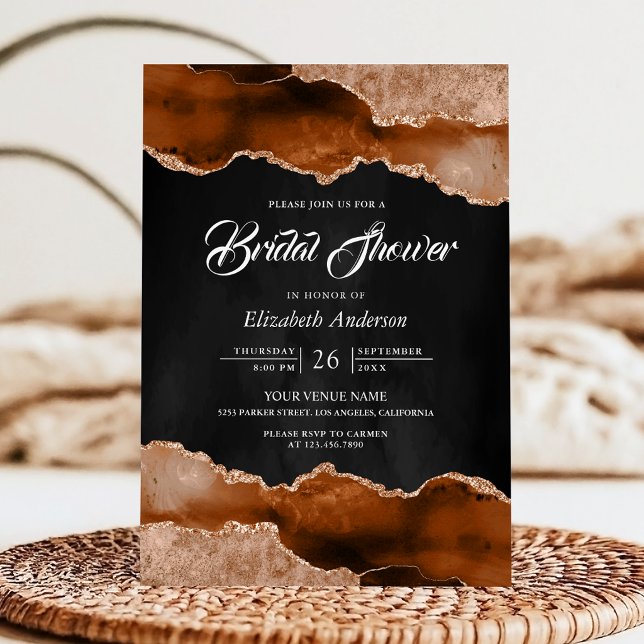 Terracotta Agate Marble Black Bridal Shower Invitation (Creator Uploaded)