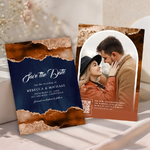 Terracotta Agate Marble Navy Blue Wedding Photo Save The Date
