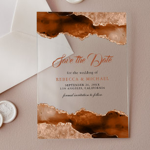 Terracotta Agate Marble Wedding Save the Date Acrylic Invitations