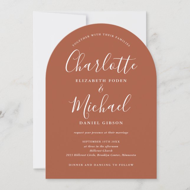 Terracotta All In One Chic Script Arch Wedding Invitation (Front)
