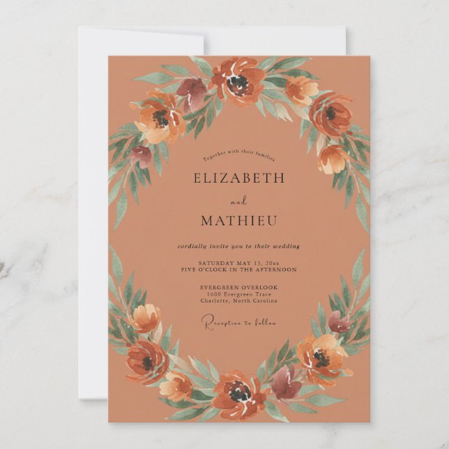 Terracotta Amber Wreath Wedding Invitation (Front)