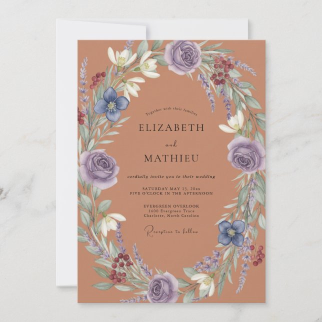Terracotta Amethyst Wreath Wedding Invitation (Front)