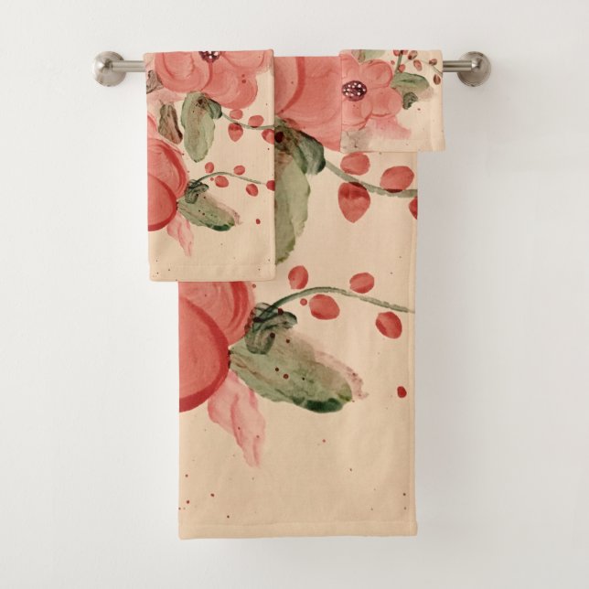 Terracotta And Beige Watercolour Floral Bath Towel Set (Insitu)