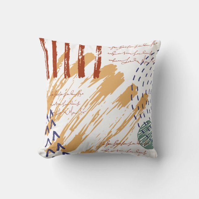 Terracotta and Blue Abstract Doodle Cushion (Front)