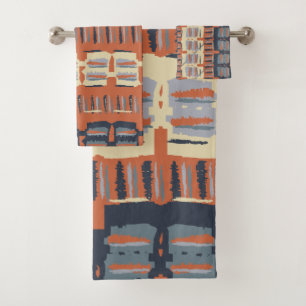 Terracotta and Blue Abstract Stripes Bath Towel Set