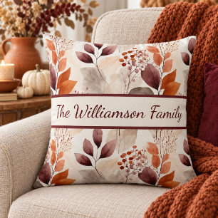 Terracotta and Burgundy Fall Leaves Boho Autumn Cushion