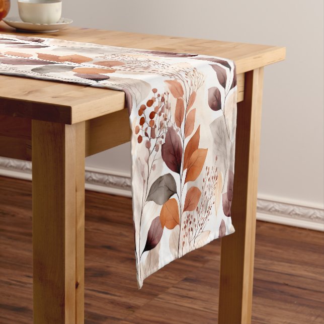 Terracotta and Burgundy Fall Leaves | Boho Autumn Short Table Runner (In Situ)