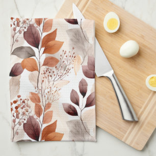 Terracotta and Burgundy Fall Leaves Boho Autumn Tea Towel