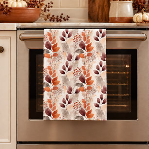 Terracotta and Burgundy Fall Leaves   Boho Autumn Tea Towel