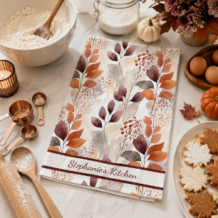 Terracotta and Burgundy Fall Leaves Custom Boho Tea Towel