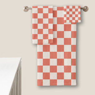 Terracotta and Cream Chequered Pattern Bath Towel Set