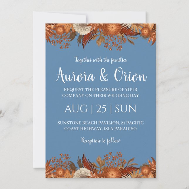 terracotta and dusty blue wedding invitations (Front)
