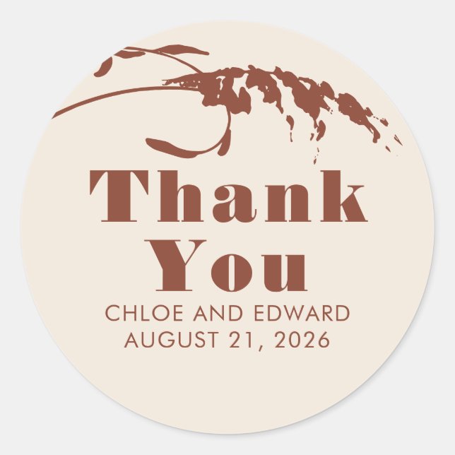 Terracotta and Ecru Pampas Grass Thank You Classic Round Sticker (Front)